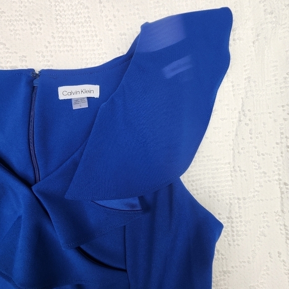 Calvin Klein Blue Ruffled V-Neck Midi Sheath Dress Size 12 - Picture 5 of 11